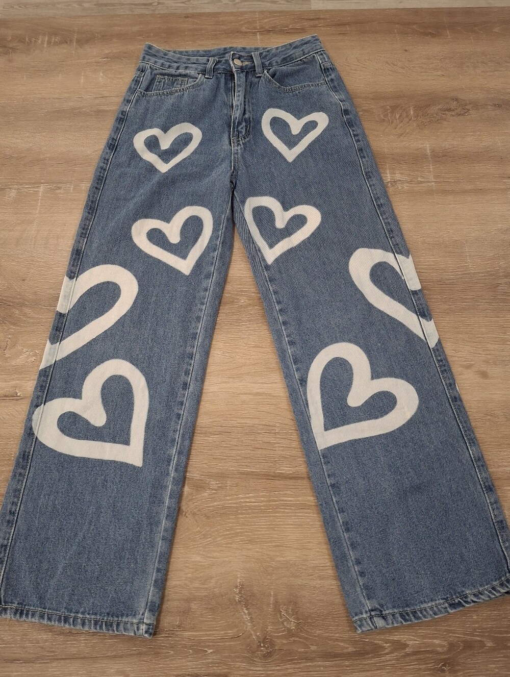 Y2K Aesthetic White Heart Print Wide Leg Jeans Women's XS Blue Denim